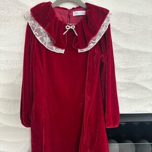 Zara Red Velvet Dress with Pearl Accent and headband bow.